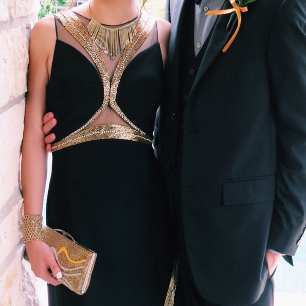 CAMILLE LA VIE Black and Gold Prom Dress - Picture 2 of 8